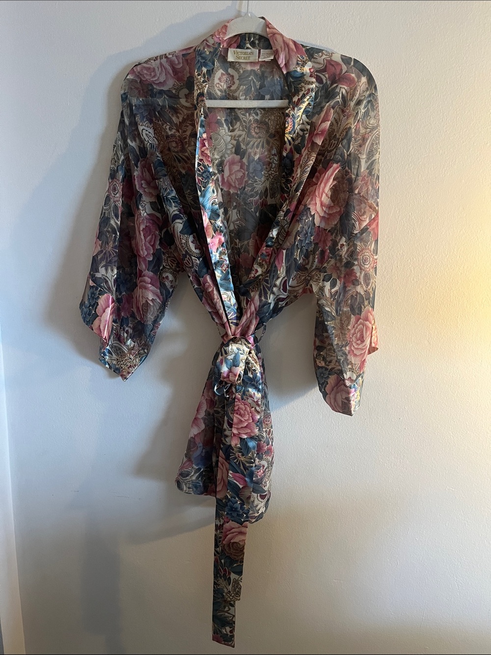 Vintage Victoria's Secret Pink & Navy Floral Satin Robe